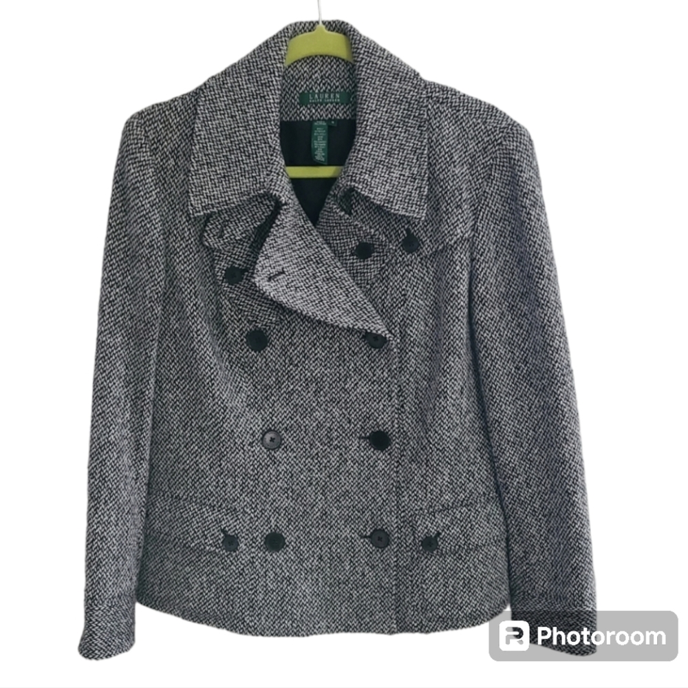 Lauren Ralph Lauren Pea Coat houndstooth woven‎ tweed size 14 wool silk blend